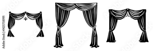 Elegant black icon set featuring draped curtains with various styles and details suitable for festive or theatrical decorations