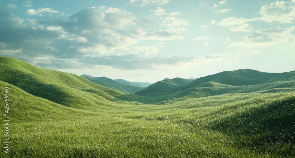 Fototapeta premium green, grassy hills under a blue sky with white clouds. A green meadow background for a nature landscape, an ecology concept. Design for a banner or poster