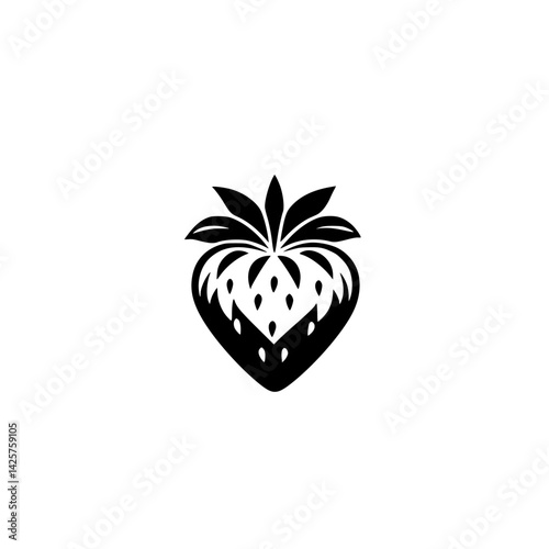Black icon of a strawberry with detailed leaf design suitable for various graphic projects and digital applications