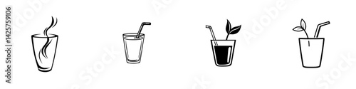 Stylized black icons of various drinks and beverages in different glassware with straws and garnishes