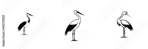 Elegant black icons of storks in profile view showcasing distinct features and posture, ideal for design use