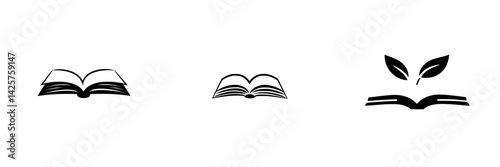 Black icon designs representing books and growth in a minimalist style with a focus on education and knowledge