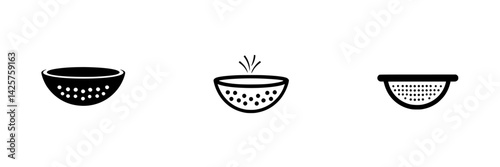 Black kitchen colander icons representing various shapes and designs for culinary use in meal preparation