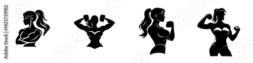 Black icons of women showcasing strength and fitness in various poses for health and wellness themes