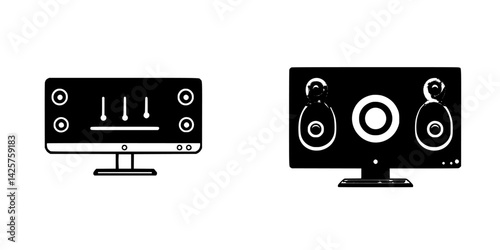 Black icons representing audio equipment for mixers and speakers in a minimalist style