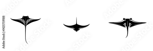 Stylized black icon representation of stingrays in various positions showcasing their distinct shapes
