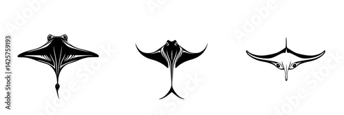 Unique black icons of manta rays showcasing elegant aquatic design elements and graceful forms suitable for modern graphic applications