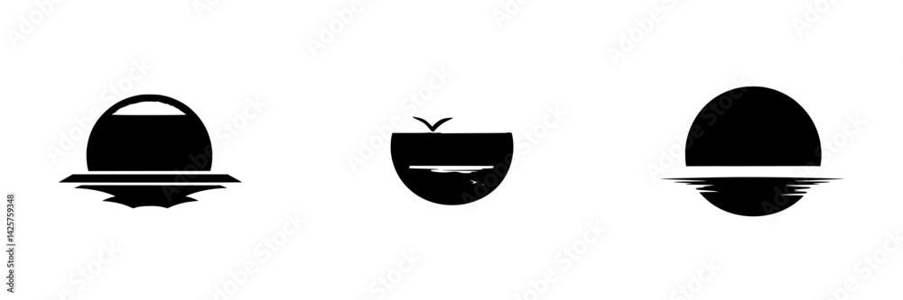 Set of three black icons representing abstract sun designs with varied forms suitable for graphic design and digital artwork Set of three black icons representing abstract sun designs with varied forms suitable for graphic design and digital artwork