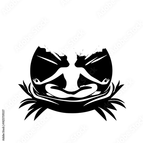 Couple meditating together amidst natural elements in a stylized black icon representing harmony