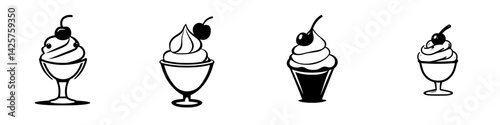 Set of four black icons depicting different styles of ice cream desserts with cherries on top arranged in a row