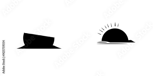 Simple black icon set featuring a boat silhouette and a sunrise design