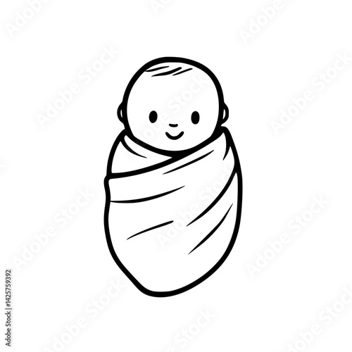 Cute black icon of a smiling baby swaddled in a blanket, perfect for various designs and themes