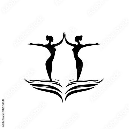Elegant black icon depicting two women harmoniously connecting with graceful poses and flowing curves