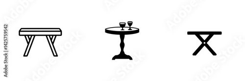 Different styles of black icons representing tables in a minimalistic design suitable for various applications