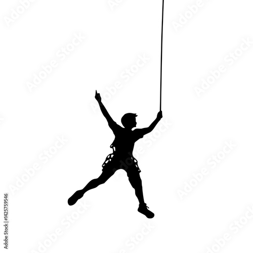Climber ascending a rock face silhouetted against a white background during a challenging ascent