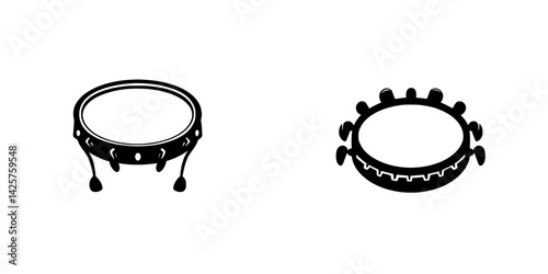 Black icons depicting traditional percussion instruments featuring a frame drum and a tambourine design
