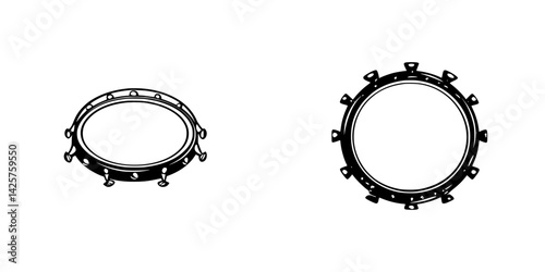 Black set of tambourines displayed on a white background for music presentation and design purposes