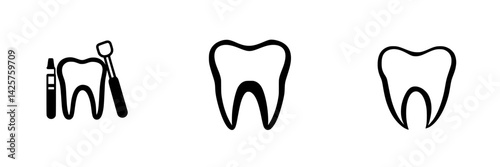 Set of black icons representing dental tools and tooth design suitable for healthcare applications and educational materials