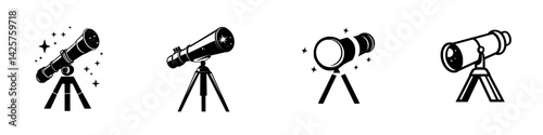 Different designs of black telescopes with stars and effects showcasing astronomy tools for stargazing enthusiasts