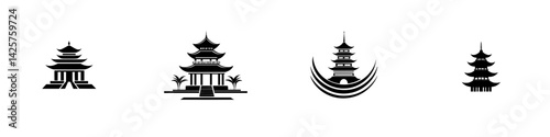 Set of black icons depicting traditional Asian architectural structures with pagoda designs, showcasing various styles and designs