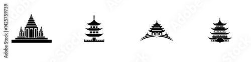 Black icons representing various architectural styles of temples and pagodas from different cultures and regions around the world