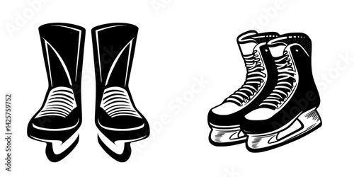 Set of black ice skates featuring high-top boots and traditional hockey skates suitable for winter sports activities