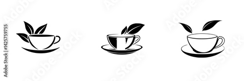 Elegant black icons of tea cups with leaves on a simple white background, perfect for beverage-related designs and branding