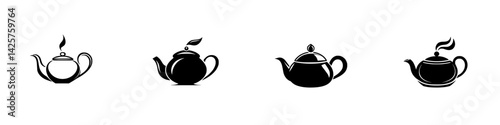 Set of black teapot icons showcasing traditional designs and styles for tea enthusiasts and graphic design projects