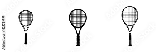 Collection of black tennis racket icons representing different designs and perspectives in sport-related graphics