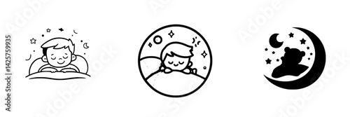 Black icons illustrating a peaceful child sleeping peacefully at night with stars and a crescent moon