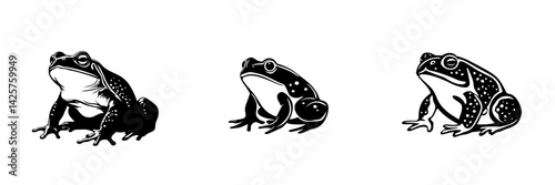 Set of black icons depicting three different frog designs illustrating various poses and characteristics
