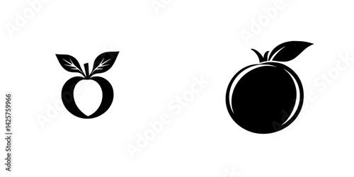 Set of black icons depicting a round fruit and a fruit with a bite taken out on a white background