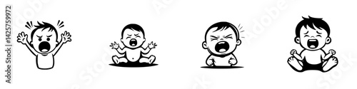 Illustration of four expressive babies displaying different emotions in a black icon style