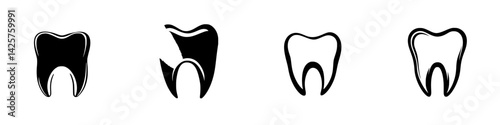 Set of black icon teeth illustrations showcasing different dental shapes and features suitable for health and hygiene applications