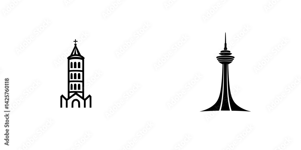 Set of black icons showcasing a church tower and a futuristic tower design against a plain background Set of black icons showcasing a church tower and a futuristic tower design against a plain background