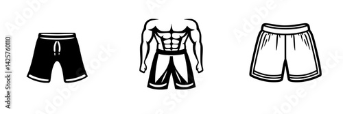 Set of black athletic icons depicting shorts and muscular physique for fitness or sports-related themes