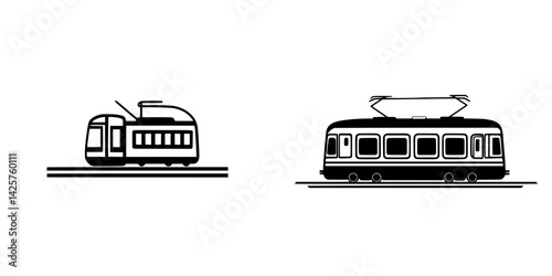 Set of black icons representing two types of trams on a track, showcasing urban transportation options in a minimalist style