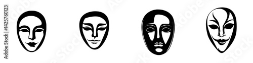Unique collection of black icons depicting various expressive masks showcasing different emotions and styles