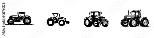 Collection of black tractor icons featuring different styles and designs perfect for agriculture-themed projects