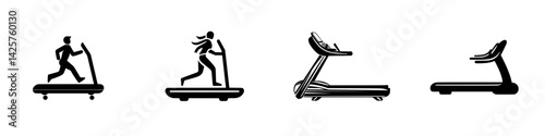 Set of black icons depicting treadmill activities and types of treadmills for fitness enthusiasts and gym environments