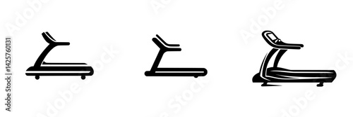 Set of black icons depicting various treadmill designs suitable for fitness apps or gym-related graphics