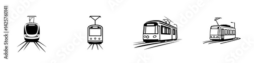 Different types of black icons representing various tram designs aligned on tracks