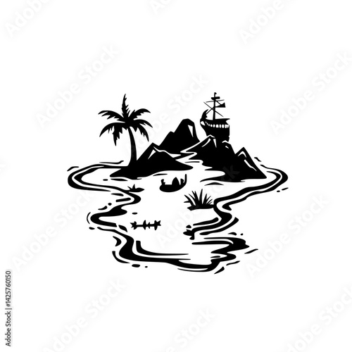 Set of black icon representing a tropical island with palm trees, a ship, and a river in a simple design