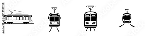 Various black icons representing different types of trams and light rail vehicles on a white background