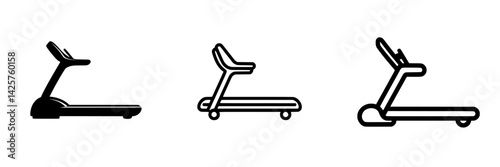 Set of black treadmill icons showcasing different angles and designs suitable for fitness applications or gym-related content