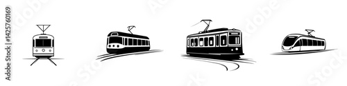 Black icons depicting various types of trams on curved tracks in a simple monochrome design for transport visualization