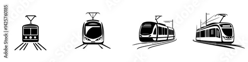 Set of black icons depicting different types of trams and light rail vehicles on tracks