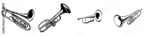 Set of black musical instruments including trumpets and horns arranged in a dynamic composition on a white background