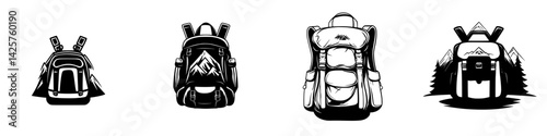 Stylish black icons of outdoor backpacks for adventure enthusiasts and hikers