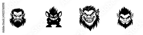 Four distinct black icons representing stylized monster and creature designs with varied expressions and features